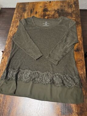 New York & Company Olive Lace-Trim Layered Long Sleeve Top